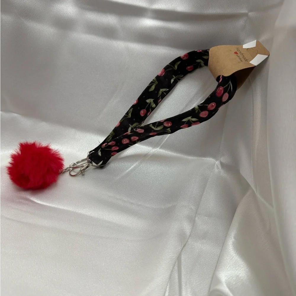 Handmade Cherry Wristlet Keychain with Red Pompom
